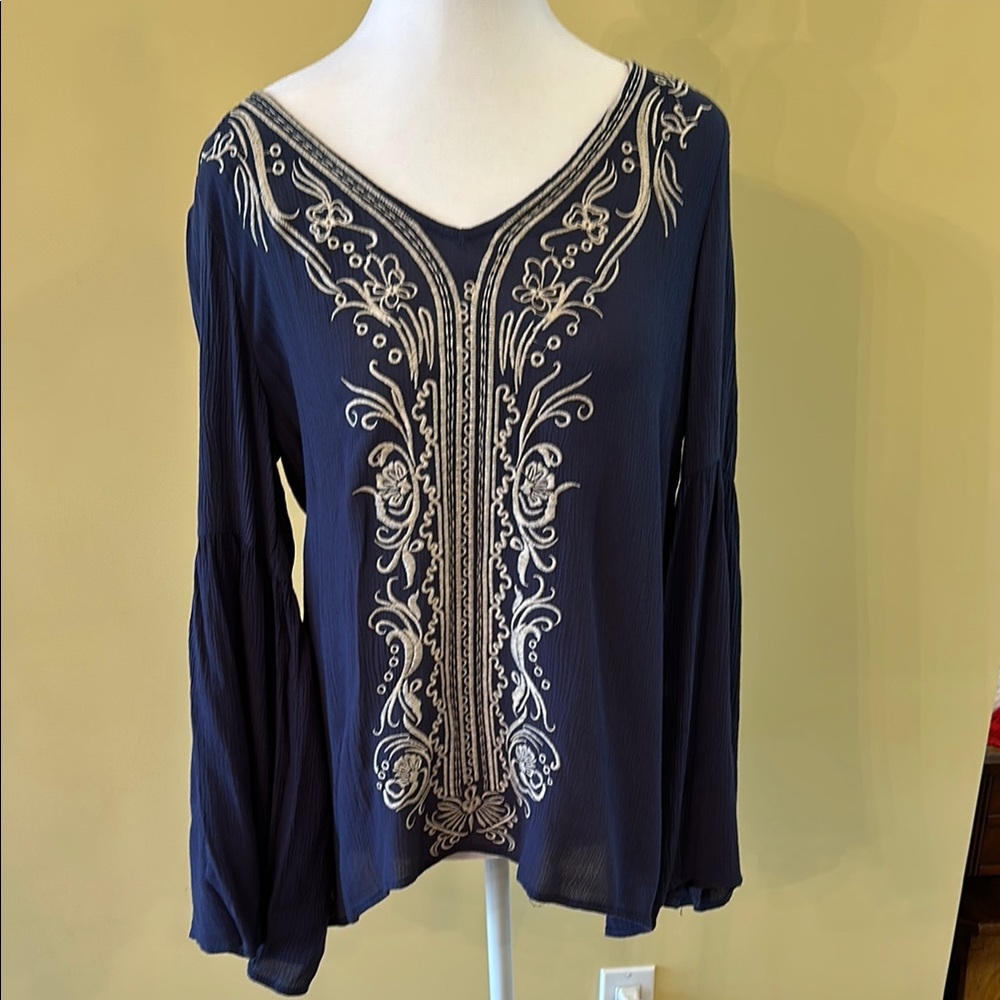 Navy Blue Embroidered Women's Top